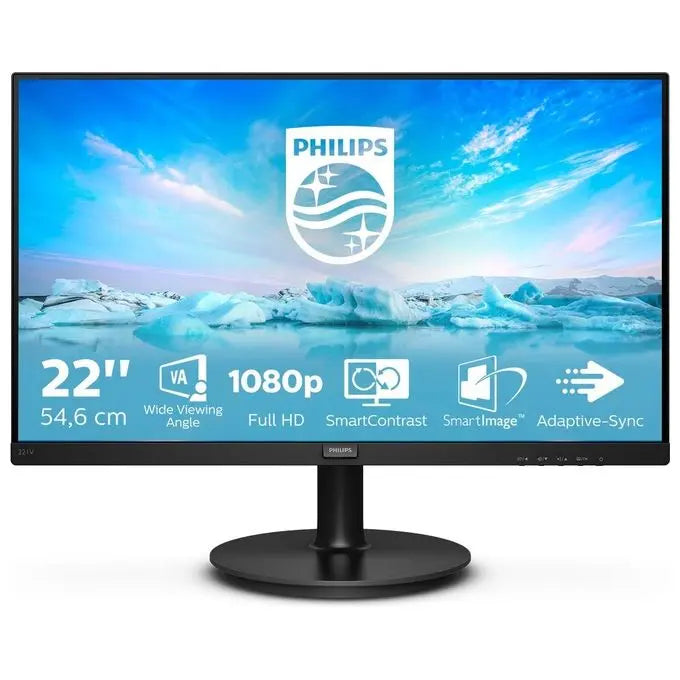 PHILIPS Monitor 221V8A da 22", Adaptive Sync 75 Hz, VA, Full HD, 4 ms, HDMI, VGA, Casse Audio Integrate, Attacco VESA, Nero