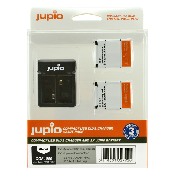 Jupio Value Pack: 2x Batteria GoPro AHDBT-302 HERO3+ 1200mAh + caricatore compatto USB doppio