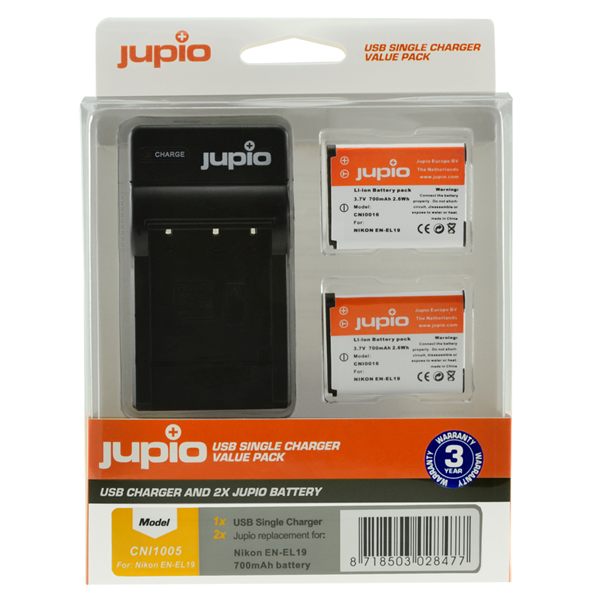 Jupio Value Pack: 2x Batteria EN-EL19 + USB caricatore singolo